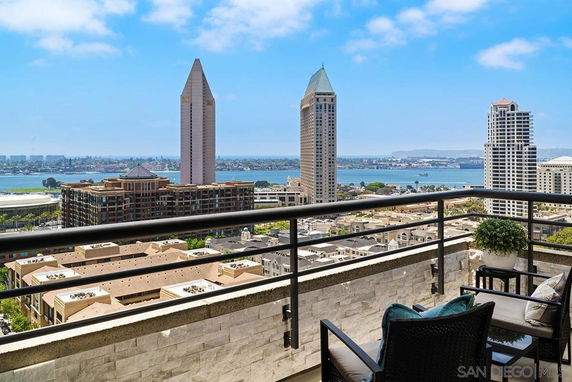 Panoramic view from a balcony showing a cityscape with tall buildings and a river.