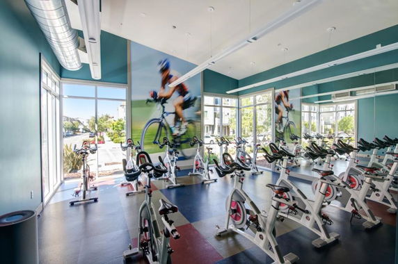 Gym area with multiple stationary bicycles and large windows.