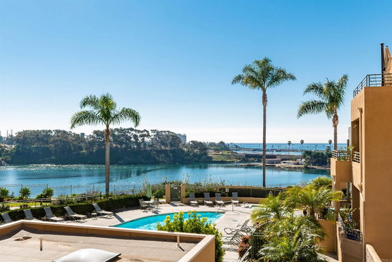 View from a building of a pool, palm trees, and a water body.