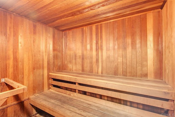 Interior view of a wooden sauna room.