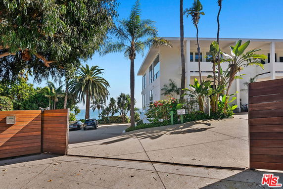 A driveway leading to a large building surrounded by palm trees and greenery, with a view of the ocean in the background.