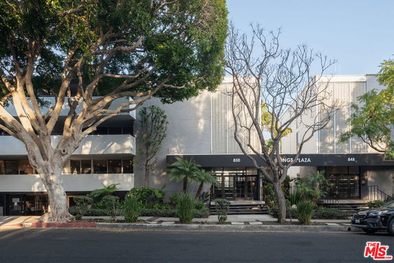 Front view of a commercial building with multiple stories and a tree-lined sidewalk.