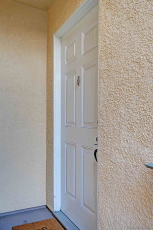 View of a building's entrance door with textured walls.