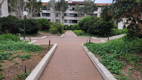 Pathway leading to residential buildings with greenery on both sides.