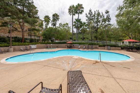 Outdoor swimming pool with surrounding greenery and lounge chairs.