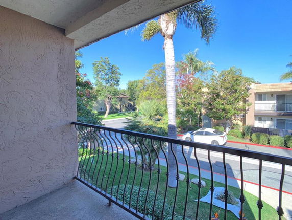 View from a balcony showing streetscape with trees and cars.