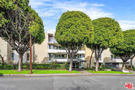 Front view of a multi-story building with balconies and trees in front.