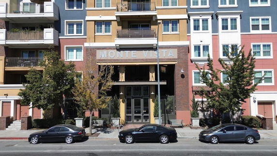 Front view of a multi-story residential building named Monte Vista.