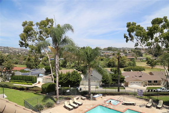 Wide view of surrounding areas with a swimming pool and residential houses.