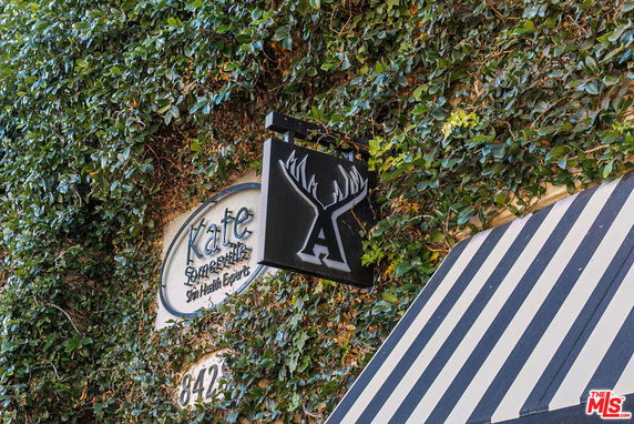 Front view of a building exterior partially covered with green ivy and signage.