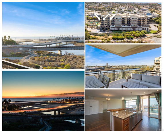Collage showing various views from a building, including a river, bridges, and the ocean at sunset.