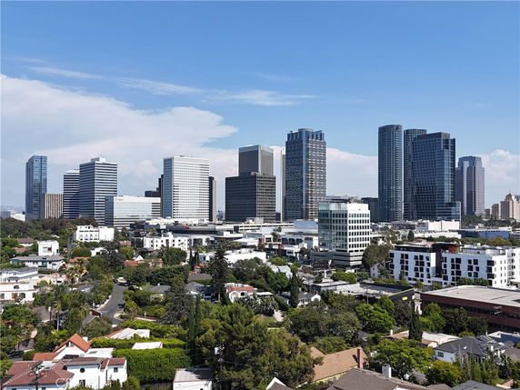 Panoramic view of a city skyline with multiple high-rise buildings and residential areas.