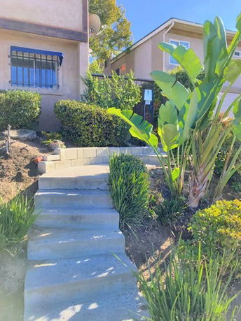 Front view of a house with steps leading up to the entrance and a small garden area.