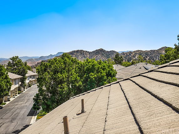 Rooftop view with chimneys and trees in the background