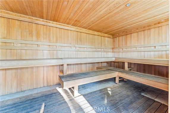 Interior view of a wooden sauna room with benches.