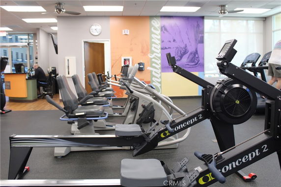 Interior view of a gym with exercise equipment and a reception area.