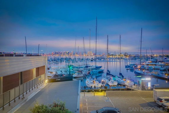 Panoramic view of a marina with boats and city skyline in the background.
