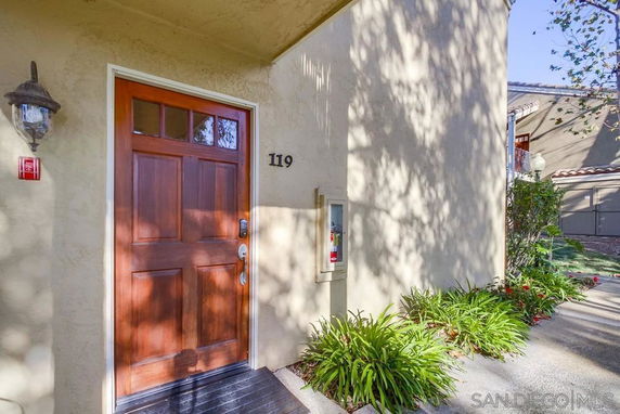 Front view of a house entrance with a wooden door and number 119.