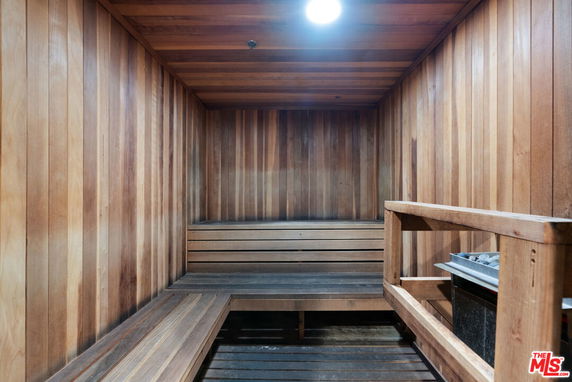 Interior view of a wooden sauna room.