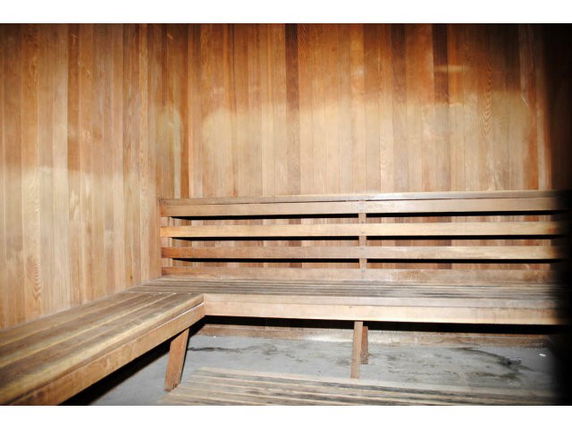 Interior view of a wooden sauna room.