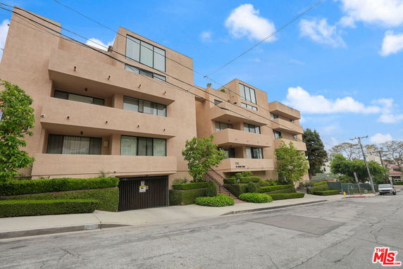Front view of a multi-story apartment building