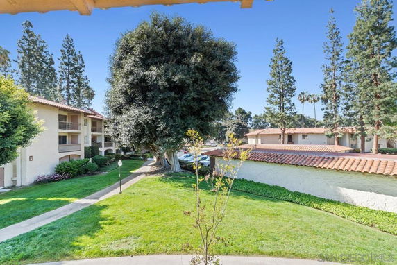 View of apartment buildings and a large tree surrounded by greenery.
