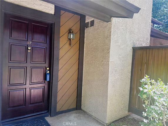 Front view of an entryway with a dark wooden door and adjacent wall.