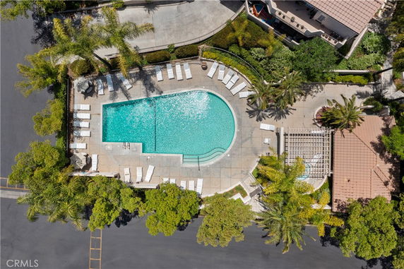 Aerial view of a swimming pool surrounded by lounge chairs and greenery.