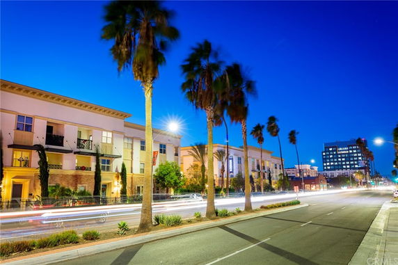 Front view of a multi-story building with balconies and palm trees lining the street.