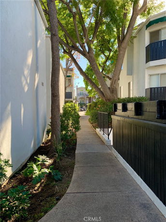 Pathway between apartment buildings with trees and foliage.
