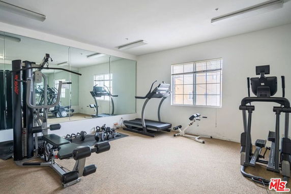 Indoor gym area with various workout equipment.