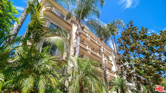 Front view of a multi-story building with balconies and surrounded by palm trees.