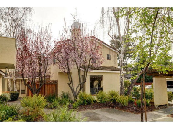 Front view of a two-story house with trees and shrubs in the foreground.