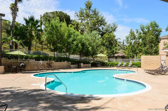 Outdoor swimming pool with lounge chairs and surrounding greenery.