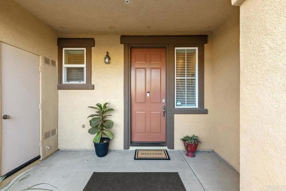 Front view of a house entrance with a single door and two small windows on each side.