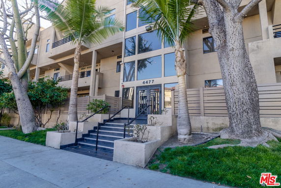 Front view of a multi-story building with palm trees and an entrance staircase.