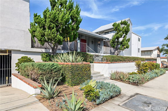 Front view of a multi-story house with steps leading to the entrance and landscaped plants around.
