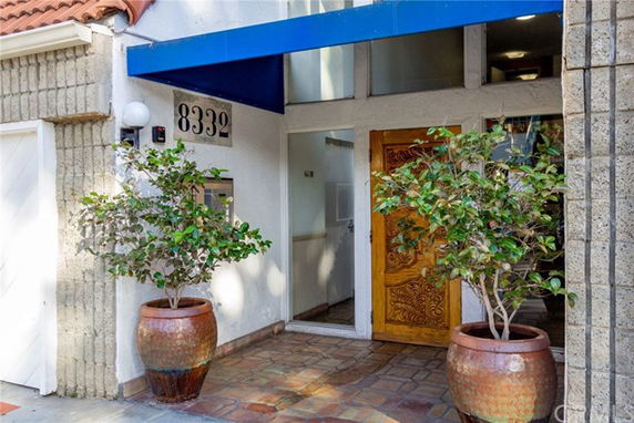 Front view of a building entrance with decorative potted plants and a blue awning.