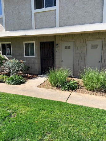 Front view of a townhouse with a small garden and two doors.