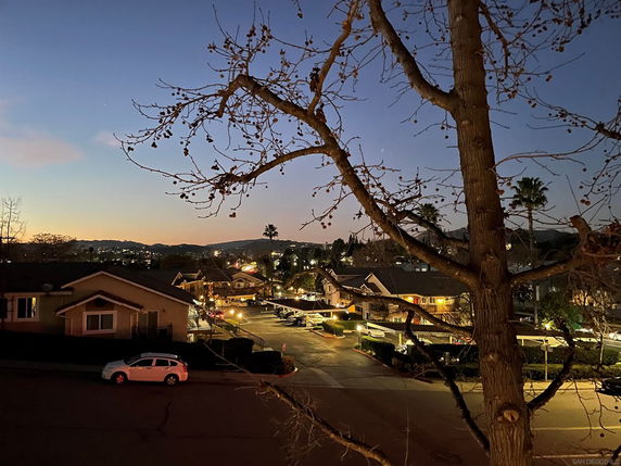 View of residential neighborhood at dusk with houses and cars.