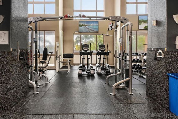 Indoor gym facility with exercise equipment and large windows.