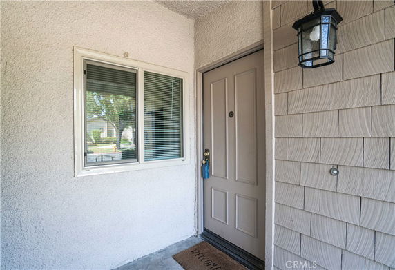 Front view of a house entrance with a door and a window.