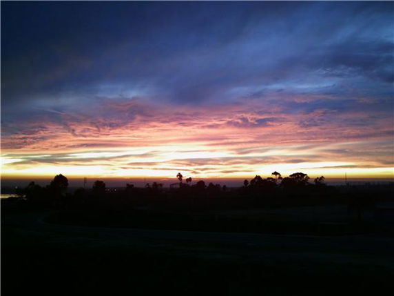 Panoramic view of a sunset with colorful sky and silhouetted trees.