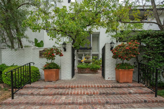 Front view of a building entrance with brick steps and potted plants.