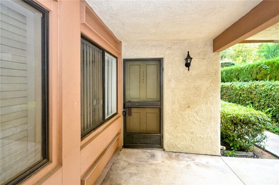 Front view of an entryway with a door and window on a building.