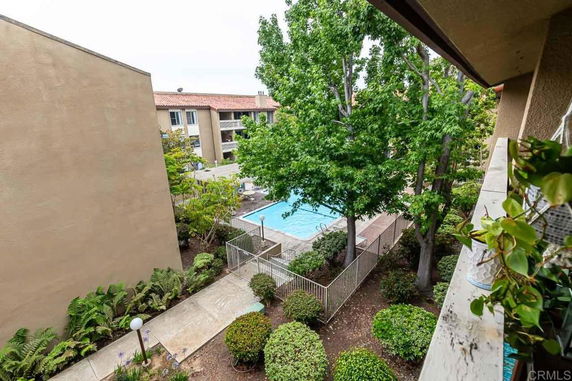 View of a swimming pool area within an apartment complex, surrounded by trees and shrubs.