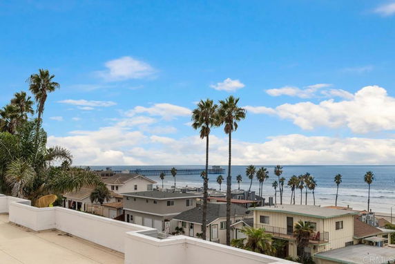Wide-angle view from a rooftop overlooking residential areas and ocean.