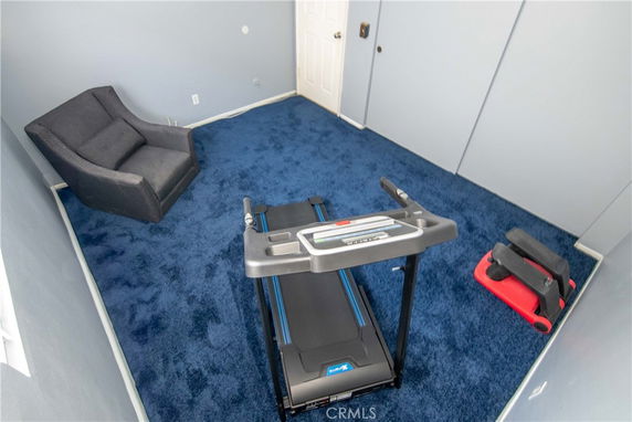 Room with a treadmill and exercise equipment on a blue carpet.