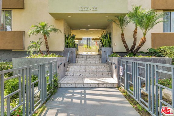 Front view of a building entrance with stairs and potted plants.