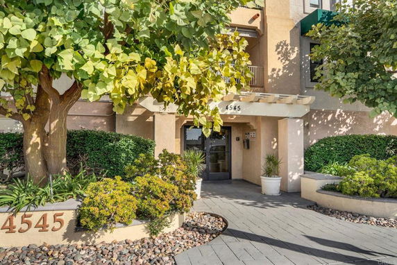 Front view of a building entrance with a small pathway and plants.